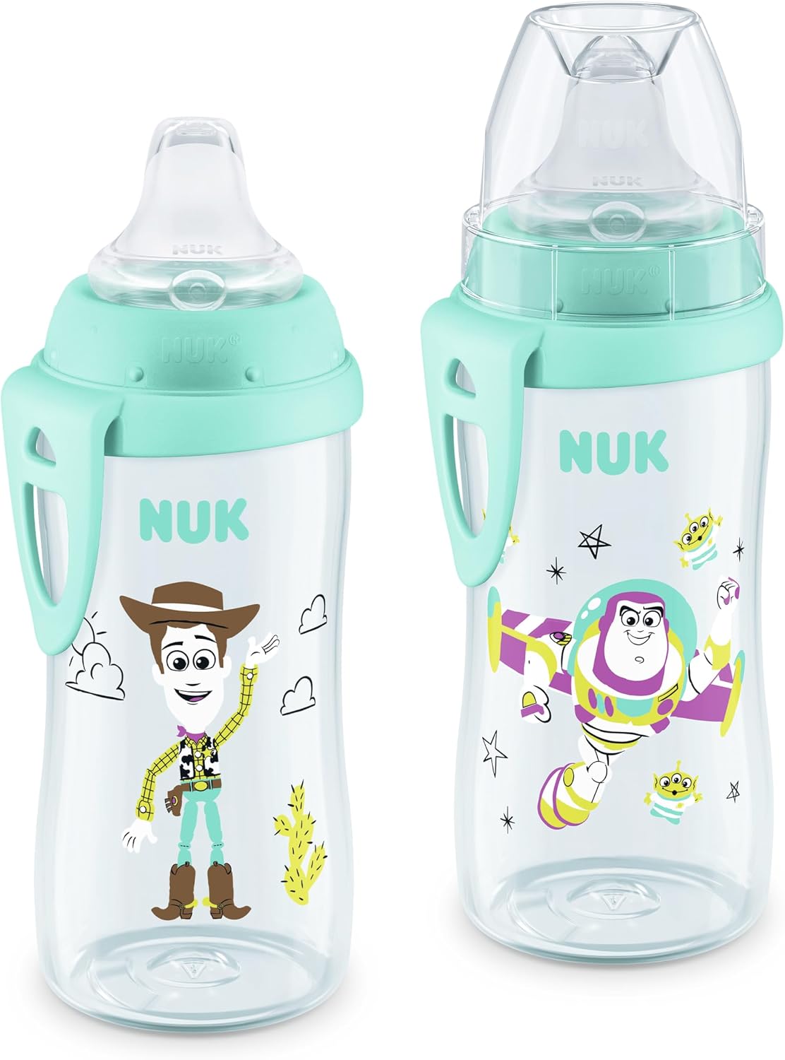 NUK First Choice Toy Story Active Cup 2.0, 10oz. Soft Spout Sippy Cup with On-the-Go Carry Clip, Lightweight, Leak Proof, Spill Proof Cup, 2-pack