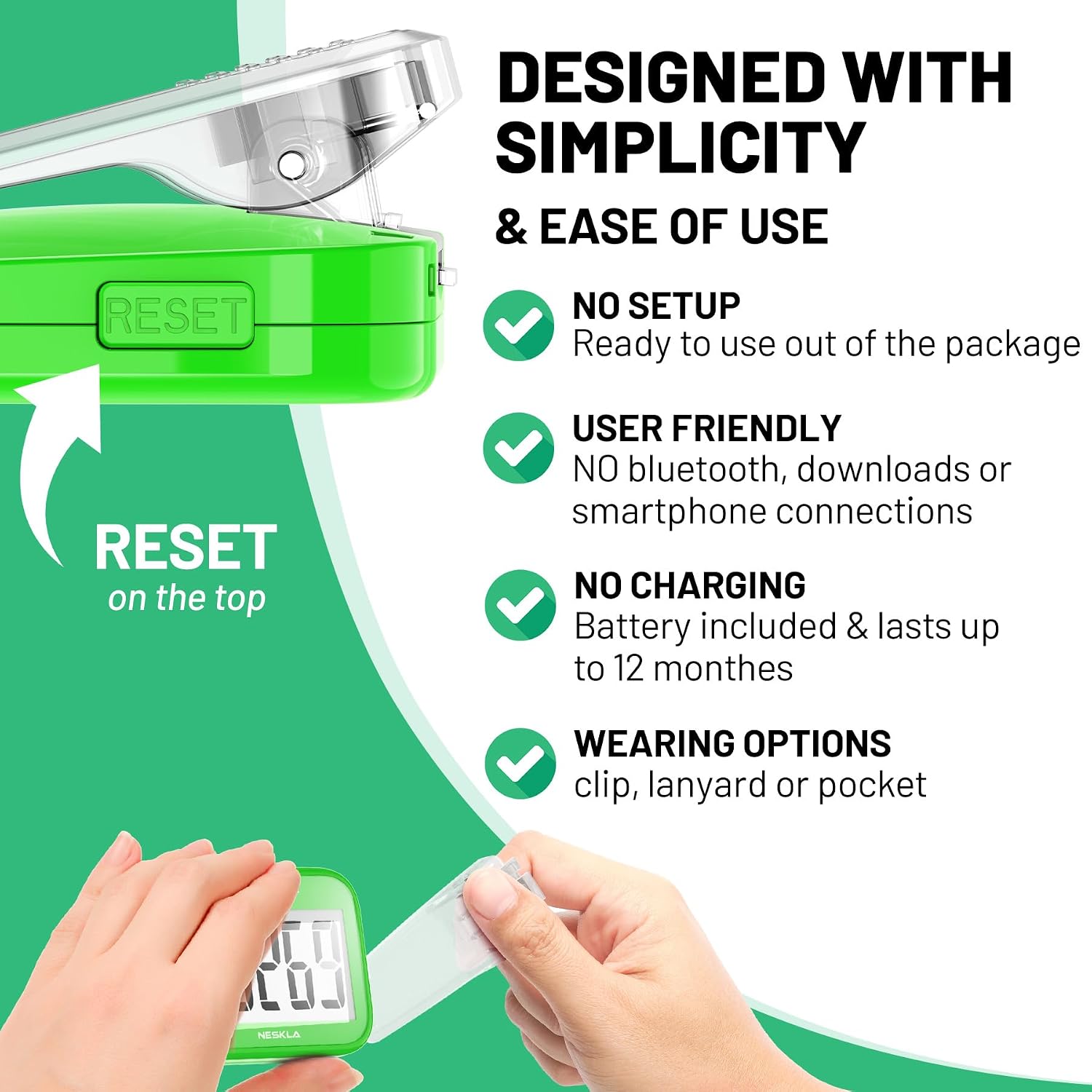 3D Pedometer, Simple Step Tracker with Large LCD Display for Walking