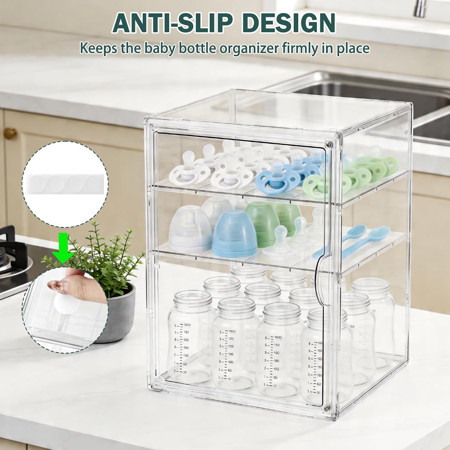 Baby Bottle Organizer, 3 Tiers Acrylic Bottle Storage Organizer Container, Clear Plastic Bottle Station Organizer with 2 Adjustable Dividers for Kitchen Countertop, Bathroom, Cabinet, Vanity (Large)