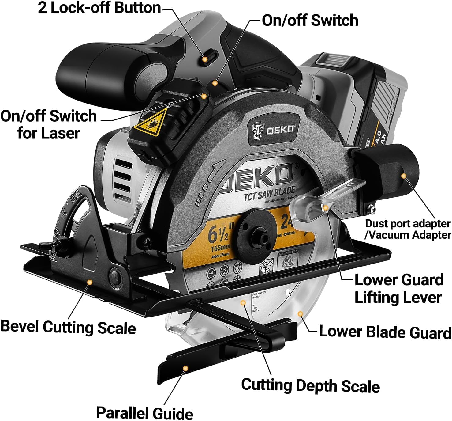 DEKOPRO 20V Cordless Circular Saw, 6-1/2-Inch Blade, 4500 RPM Circular Saw Cordless with 2 Battery and Charger（ 4.0Ah ）