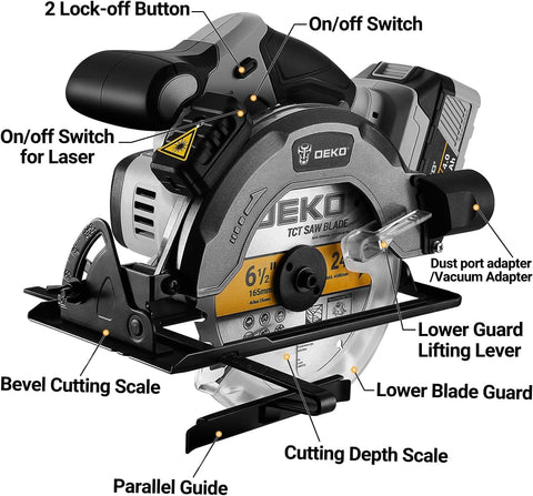 DEKOPRO 20V Cordless Circular Saw, 6-1/2-Inch Blade, 4500 RPM Circular Saw Cordless with 2 Battery and Charger（ 4.0Ah ）