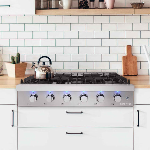 36 in. Lumin Collection Slide-In 6 Burner Gas Cooktop, LED, Stainless Steel