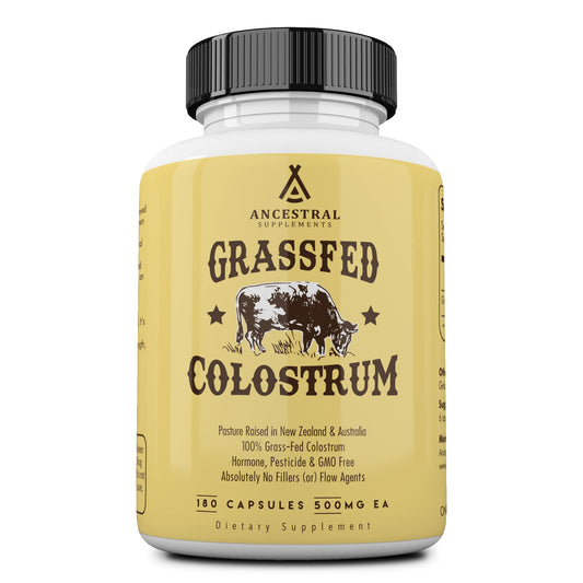 Ancestral Supplements Grass Fed Beef Colostrum Supplement, 3000 mg, Offers Immune Support and Promotes Gut Health, Athletic Performance, Healthy Iron Levels, Growth and Repair, Non GMO, 180 Capsules