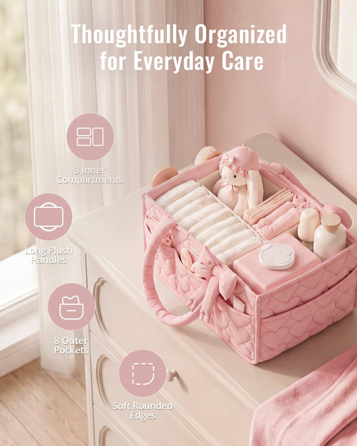 Blissful Diary Baby Diaper Caddy Organizer, Heart-Quilted, Light Pink