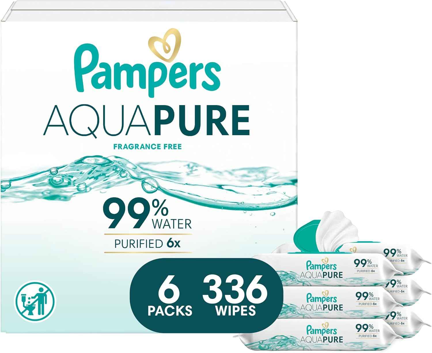 Pampers Aqua Pure Baby Wipes, 99% Water, Fragrance Free, Unscented, Water Based, Multi-Use, 336 Wipes Total (6X Flip-Top Packs) [Packaging May Vary]