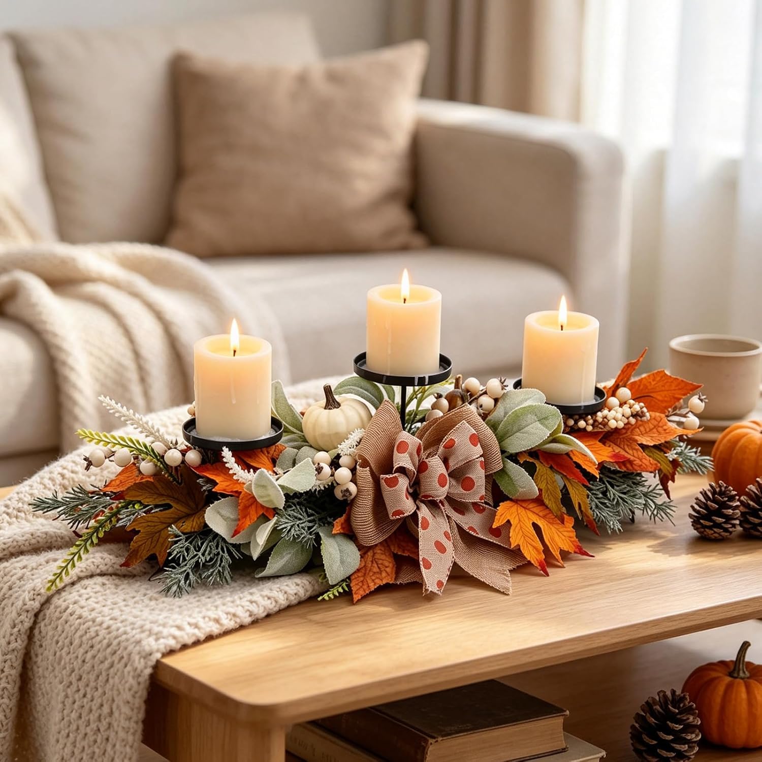 24 Inch Fall Candle Holder Pumpkin Maple for Table Centerpiece