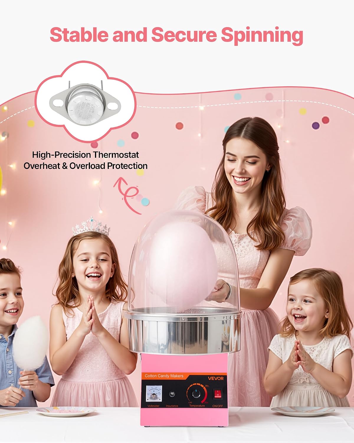 VEVOR Electric Cotton Candy Machine, 1000W Commercial Floss Maker With Cover, Commercial Cotton Candy Machine w/Stainless Steel Bowl & Sugar Scoop, Ideal for Carnival, Birthday, Family Party, Pink