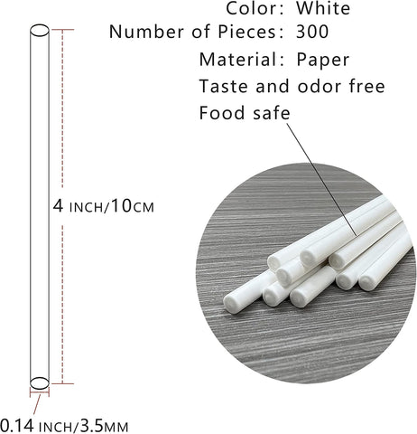 300 Count 4 INCH White Paper Lollipop Sticks,Cake Pop Sticks,Sucker Sticks for Cookies,Rainbow Candy,Chocolate,Cake Topper(Dia 3.5mm)