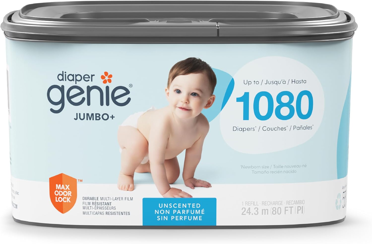 The Diaper Genie Jumbo+ Square Refill, with continuous film, can hold up to 1080 newborn-sized diapers per refill.