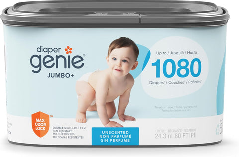 The Diaper Genie Jumbo+ Square Refill, with continuous film, can hold up to 1080 newborn-sized diapers per refill.