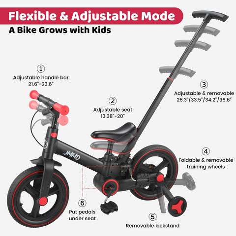 JMMD 6 in 1 Toddler Bike with Push Handle for Kids 18-60 Months, 12" Foldable Balance Bike with Training Wheels, Pedals, Brakes, Kickstand, Push Tricycle Toddler Gift & Toys for Boy & Girl