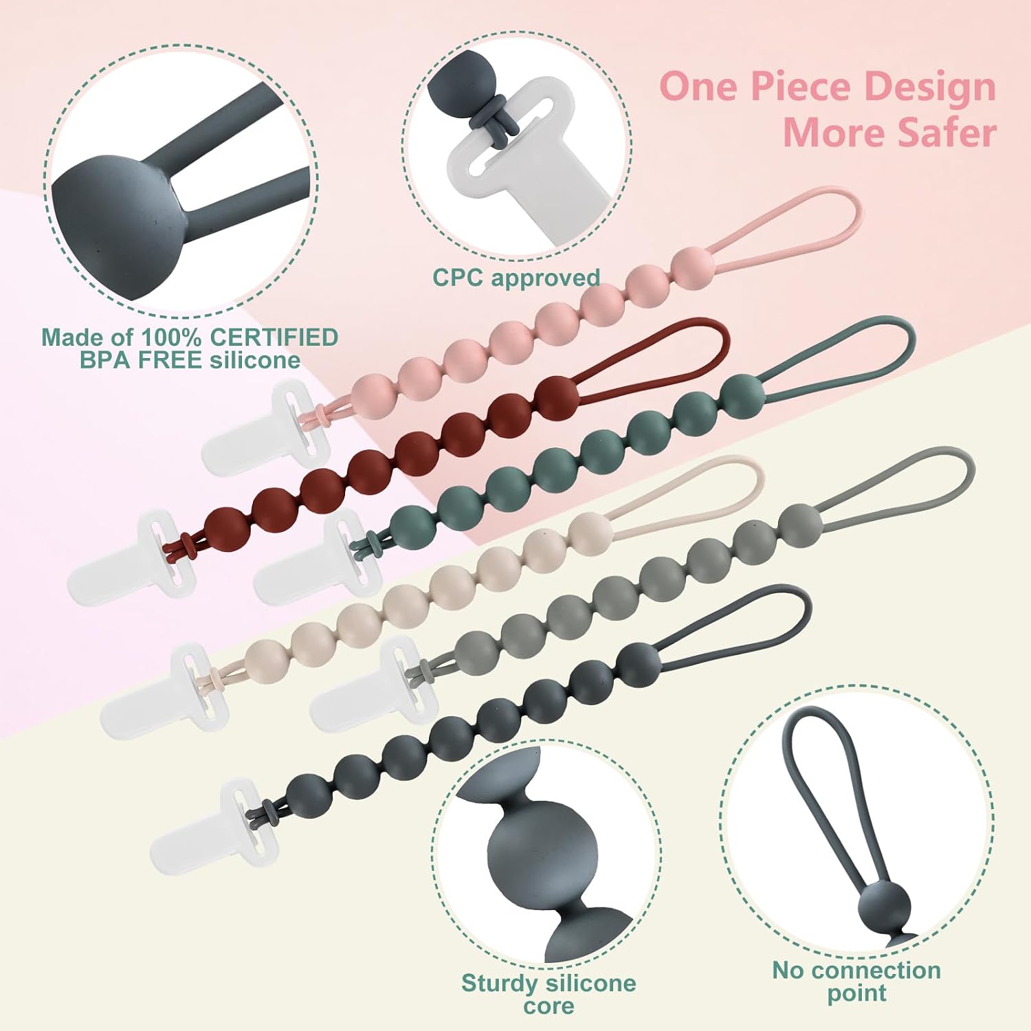 6-Pack Silicone Pacifier Clips for Babies, Safe Teething Beads, Rust-Free Holders, Baby Boy and Girl Essentials, Newborn Must-Have Accessories