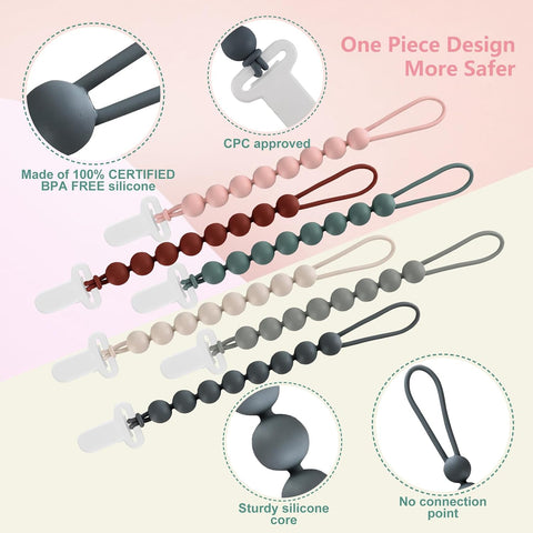 6-Pack Silicone Pacifier Clips for Babies, Safe Teething Beads, Rust-Free Holders, Baby Boy and Girl Essentials, Newborn Must-Have Accessories