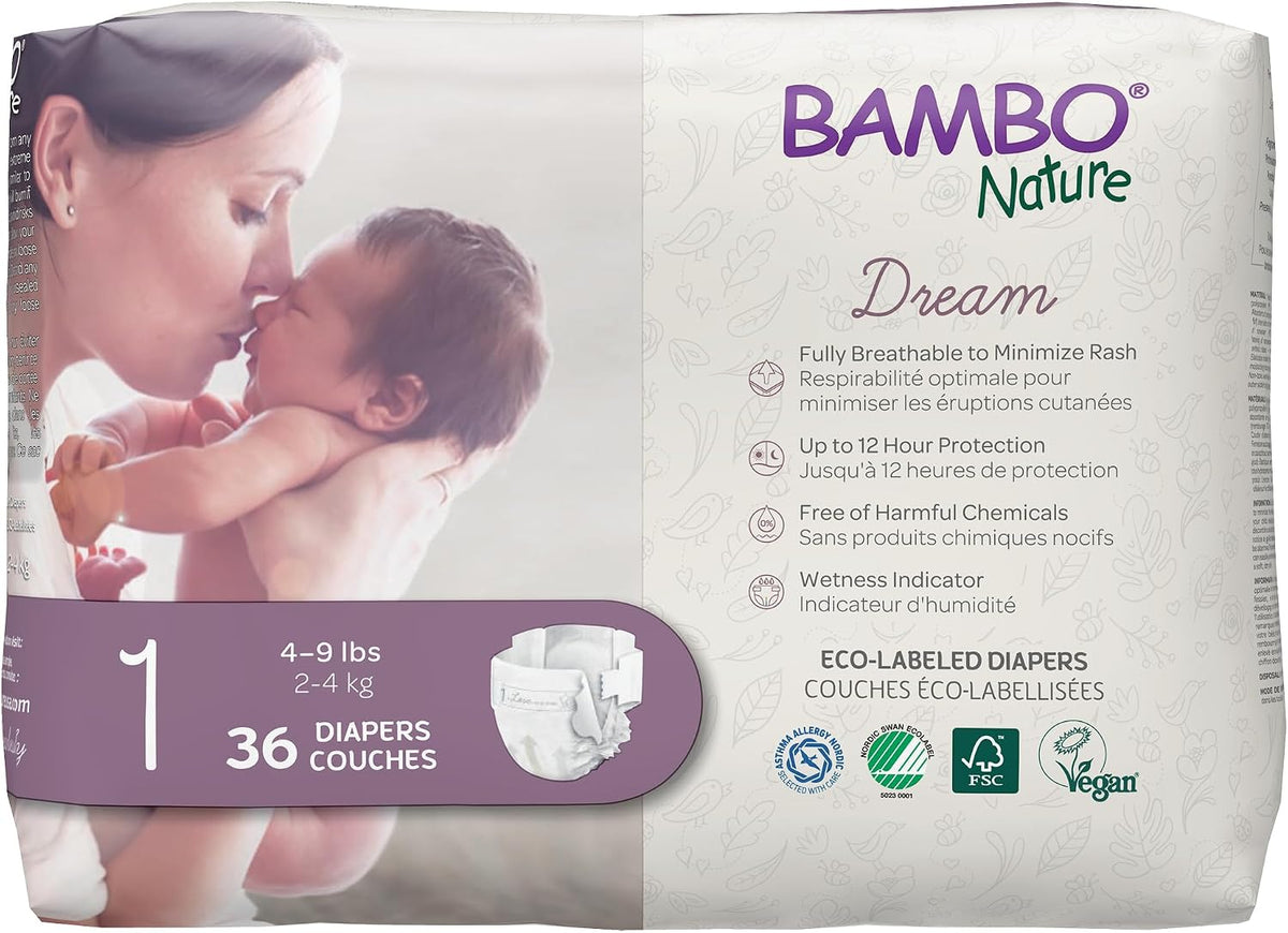 Bambo Nature Hypoallergenic Dream Baby Diapers, Eco-Labeled Sustainable Diapers, Enhanced Leakage Protection, Totally Chlorine-Free, Skin Friendly, and Super Absorbent - Size 1 (4-9lbs) - 36 Count