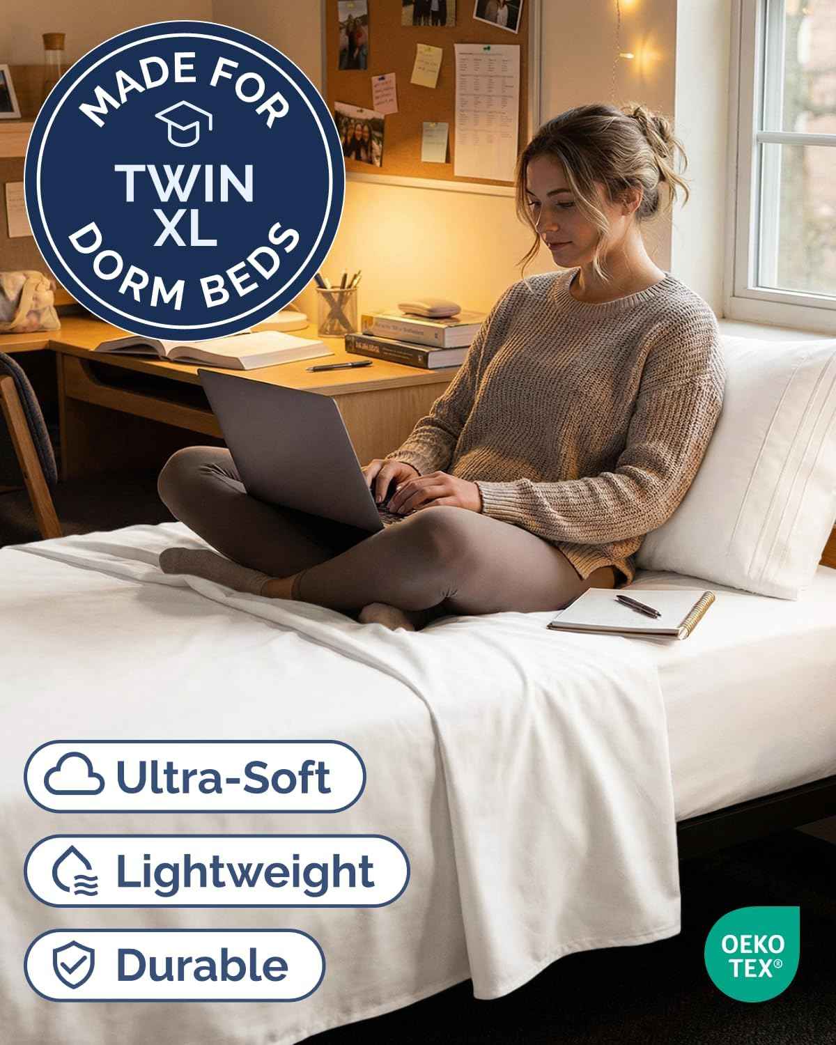 Twin XL 3 Piece Sheet Set - College Dorm Room Essentials - Antique White