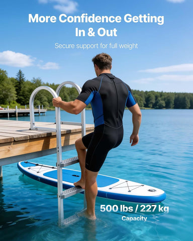 VEVOR Removable Dock Ladder, 3 Steps, Aluminum Alloy Pontoon Boat Swim Ladder, with Non-Slip Wide PP Steps, 500 lbs Weight Capacity, Quick Release Design, for Lake Swimming, Pool, Marine Boarding