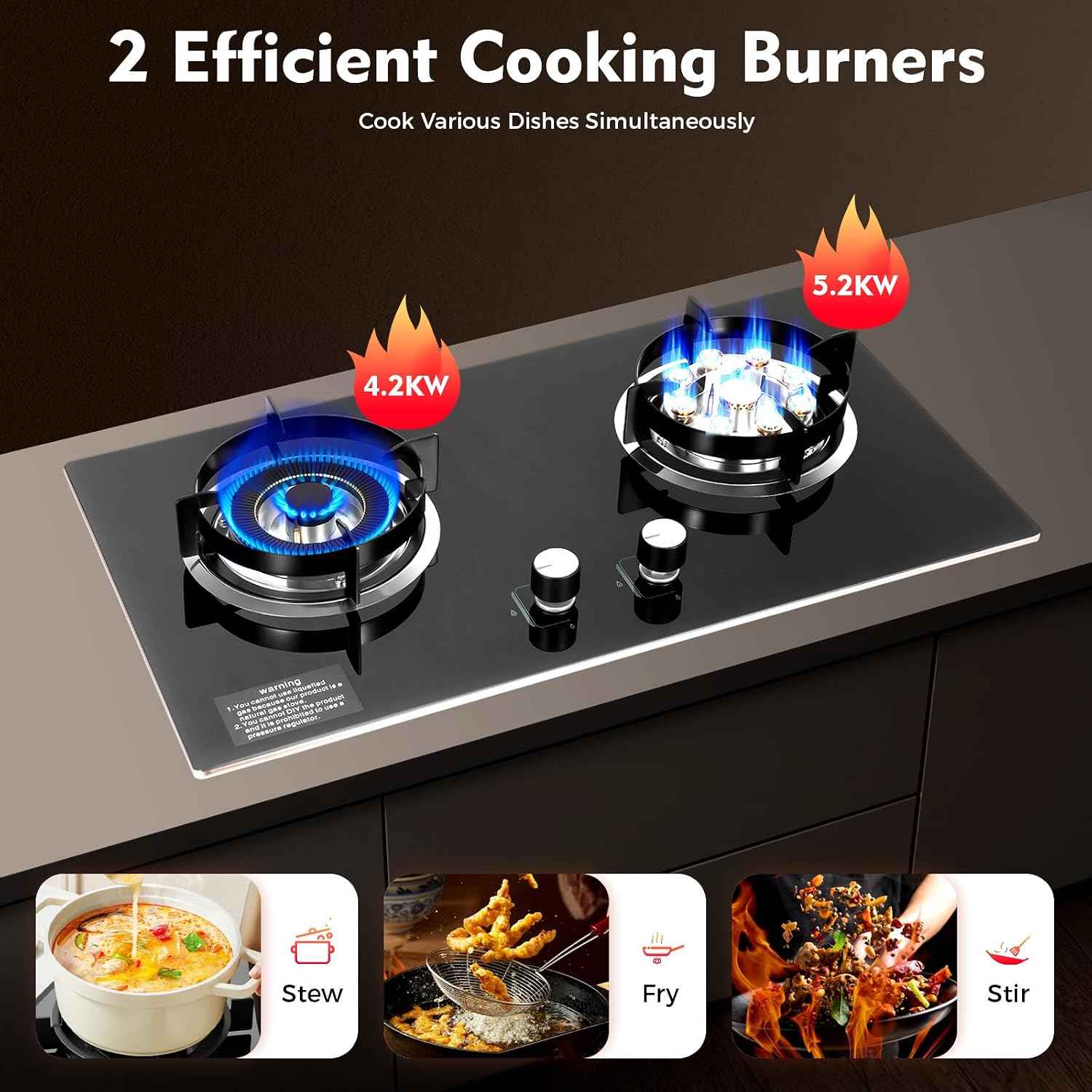 2 Burner Natural Gas Cooktop, Bulit-in Gas Cooktop, Stainless Steel 16 inch NG/LPG Convertible, Drop-in 2 Burner Gas Stove with Thermocouple Protection