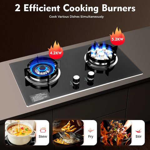 Natural Gas Cooktop, Burners Gas Stove, Built-in Cooktop with Black Glass, Tempered Glass, Anti-tempering protection