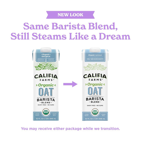 Califia Farms - Organic Oat Barista Blend, 32 oz (Pack of 6), Shelf Stable, Dairy Free, Plant Based, Vegan, Non GMO, Organic Milk, Creamer, Milk Frother, Oatmilk