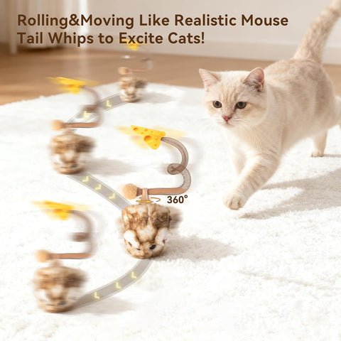 Migipaws Interactive MigiMouse Cat Toy 360° Rolling & Spin with Mesh Plastic Tail for Indoor Cats Smart Motion Sensor, Realistic Squeak, Rechargeable Plush Kitten Toy(Brown Long)