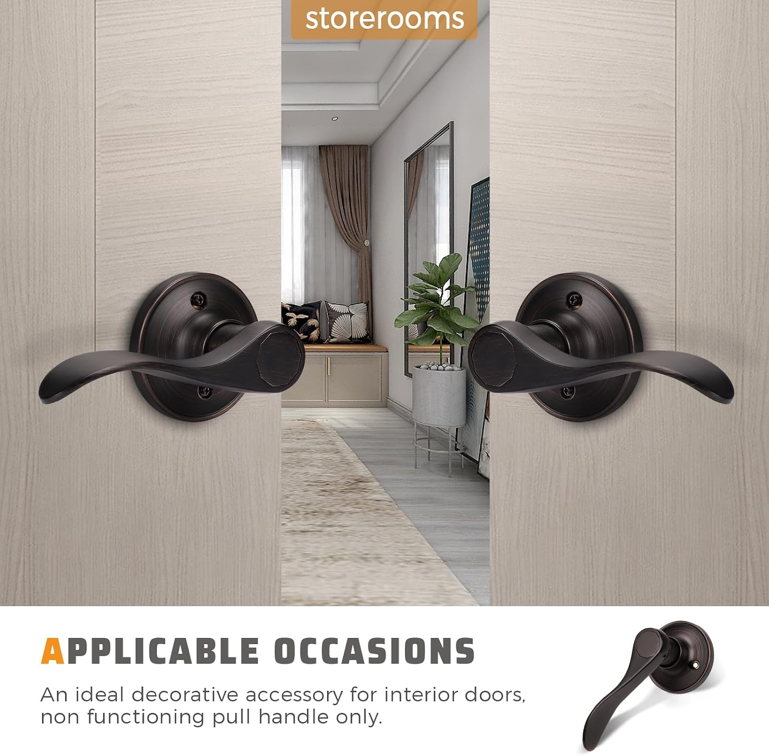 KNOBWELL 4 Pack Bronze Door Knobs Interior Single Side Dummy Door Handles for Closet/French Doors(2 Left + 2 Right), Wave Style Lever Set