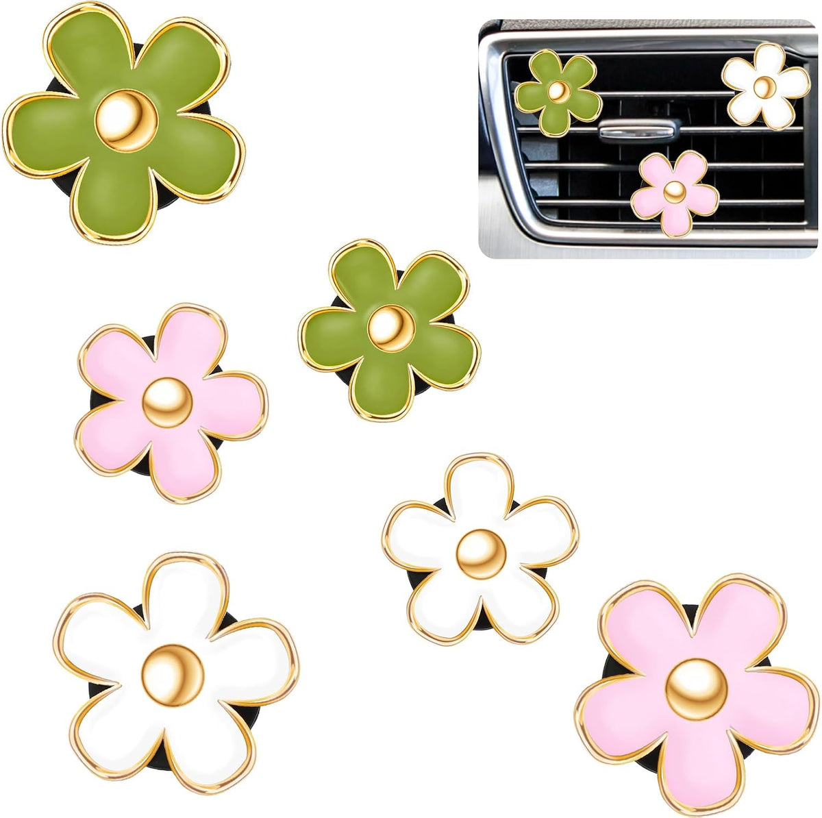 Frienda 6 Pcs Daisy Vent Clips for Car, 3/3.3 cm, Green, Pink,White