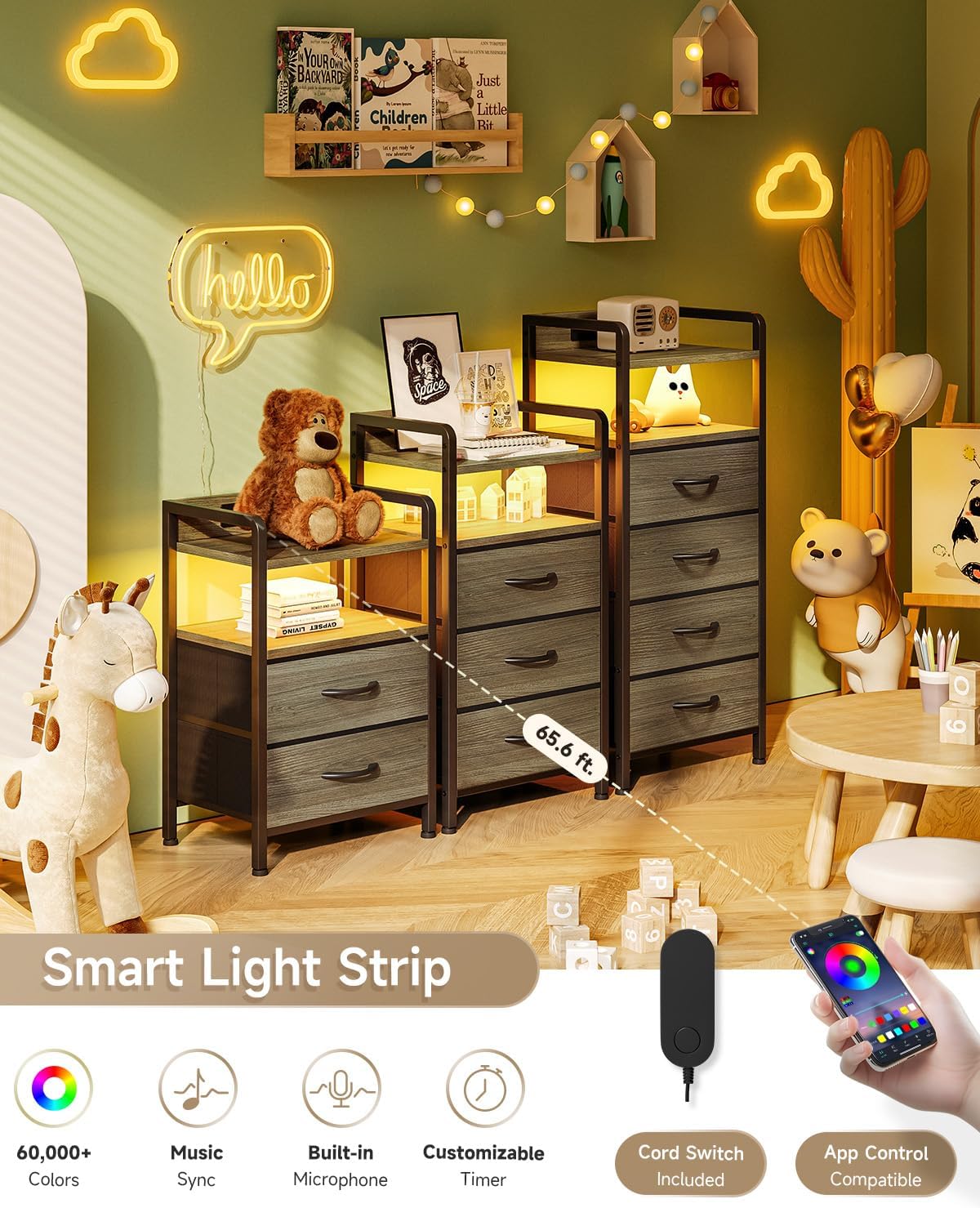 Lazzanto Nightstand with Rear Charging Station, LED Light, 2 Drawers, Grey