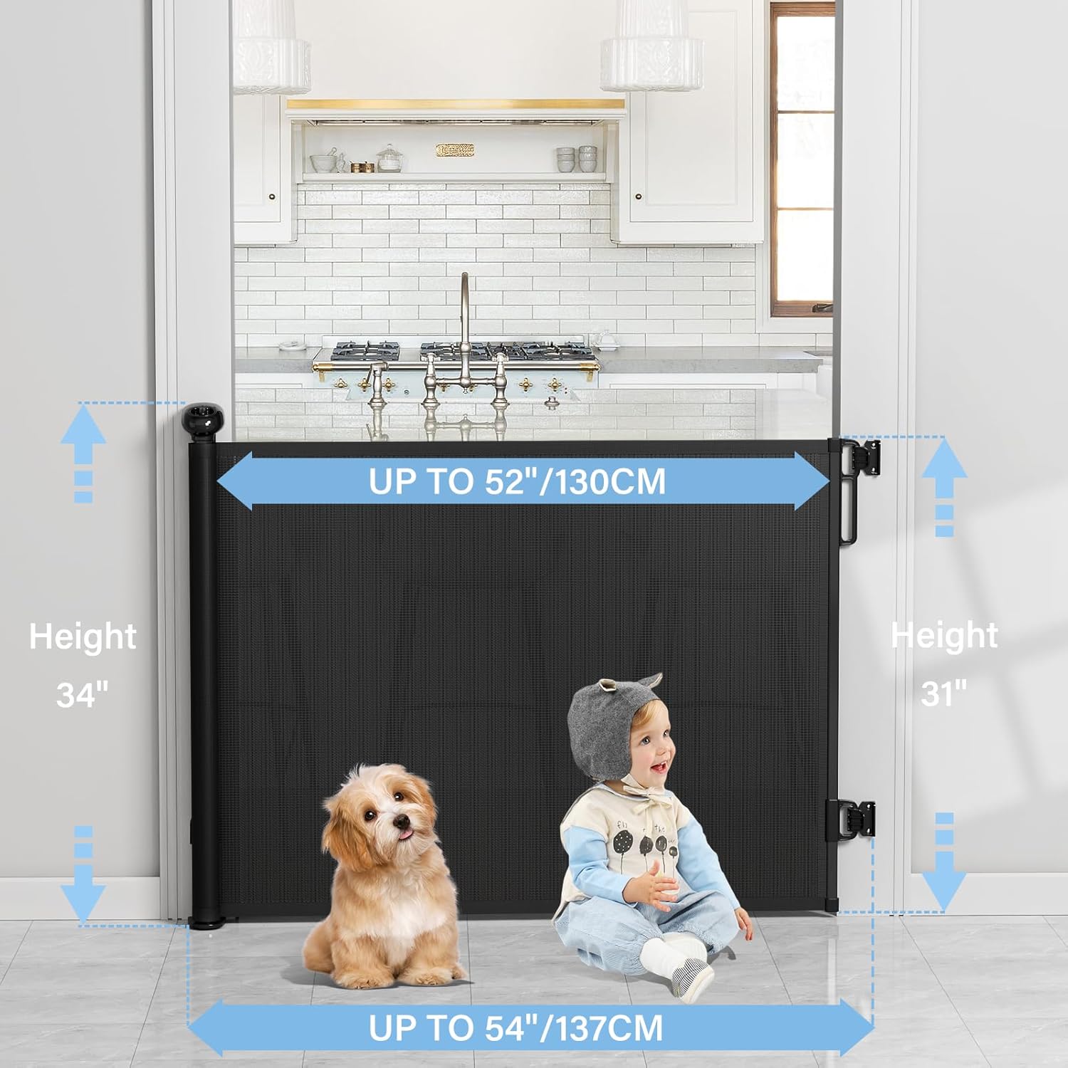 PRObebi Retractable Baby Gates for Stairs & Doorways, Dog Gate 0-54" W × 34" H, Black