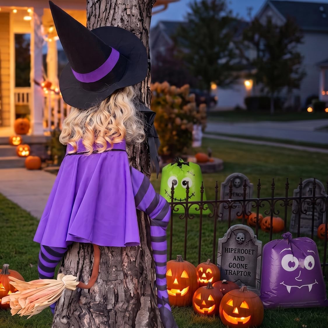 63" Purple Witch Crashing into Tree Halloween Outdoor Decor