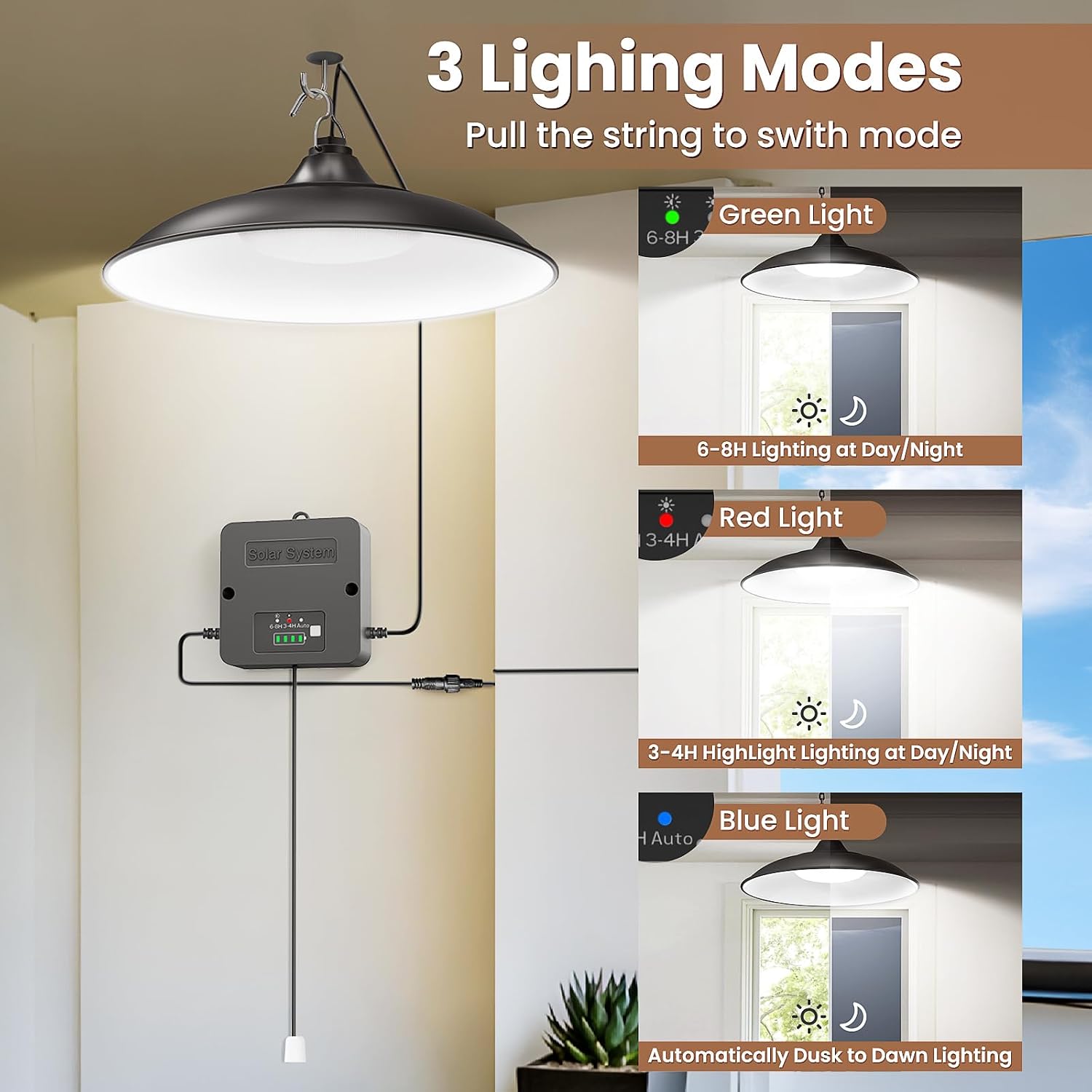 Solar Shed Light Indoor Outdoor with Pull String, 2000LM 6500K 1Pack