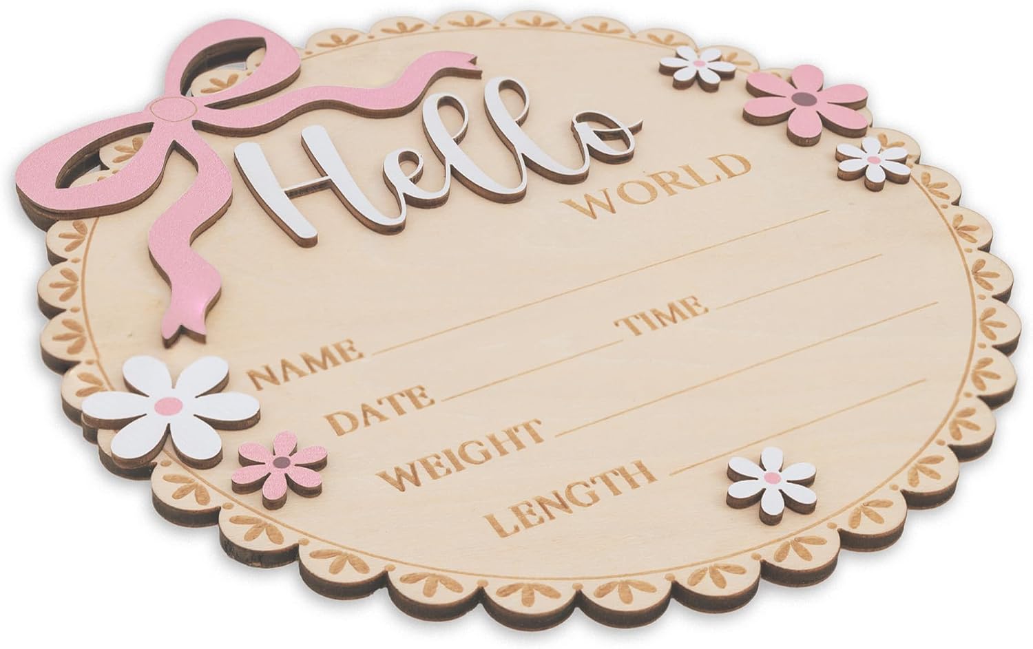 Hello World Wooden Baby Birth Announcement Sign, Pink Floral Newborn Name Date Time Weight Length Board, Baby Girl Nursery Decor Photo Prop Keepsake (Light Pink)