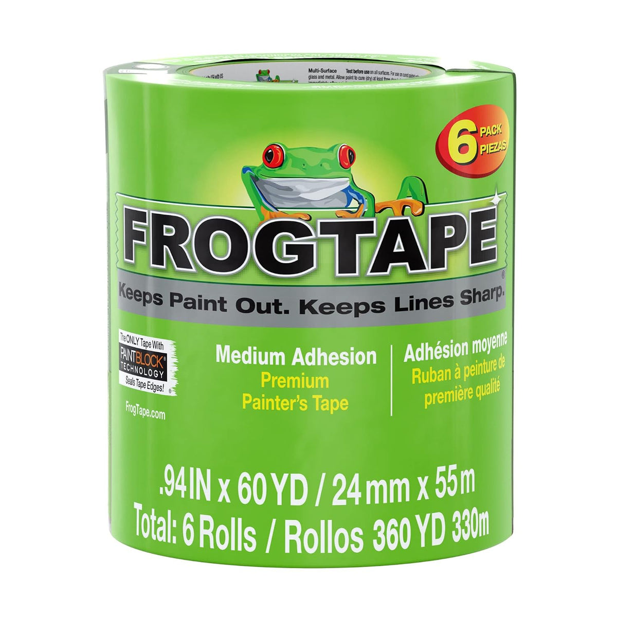 FrogTape Multi-Surface Painter's Tape with PAINTBLOCK, 1 in Wide (0.94 in x 60 yd), Quick Stick Medium Adhesion, Premium Green Painters Tape Removes Clean, 6 Roll (240659)