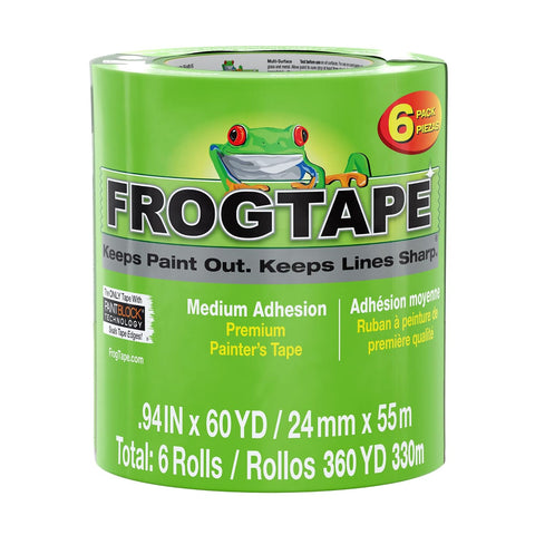 FrogTape Multi-Surface Painter's Tape with PAINTBLOCK, 1 in Wide (0.94 in x 60 yd), Quick Stick Medium Adhesion, Premium Green Painters Tape Removes Clean, 6 Roll (240659)