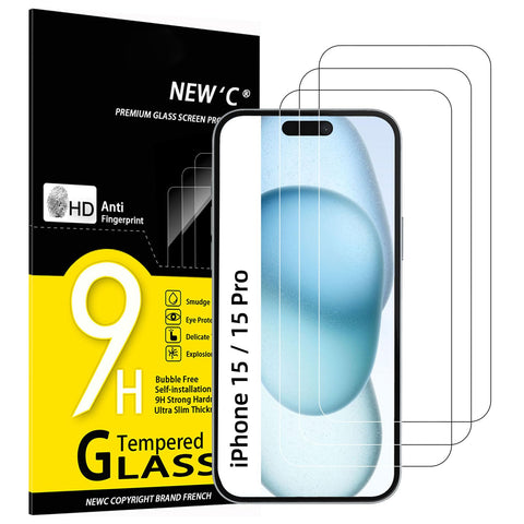 NEW'C [3 Pack Designed for iPhone 15/15 Pro (6.1 Inch) Screen Protector Tempered Glass,Case Friendly Ultra Resistant