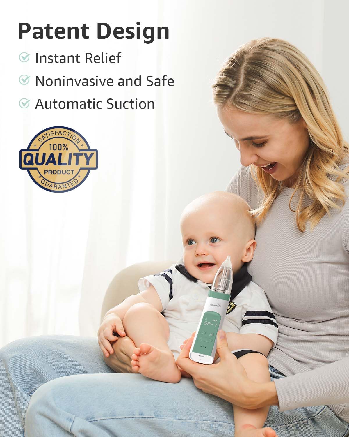 GROWNSY Electric Nasal Aspirator for Baby, Nose Sucker with 3 Tips, Green