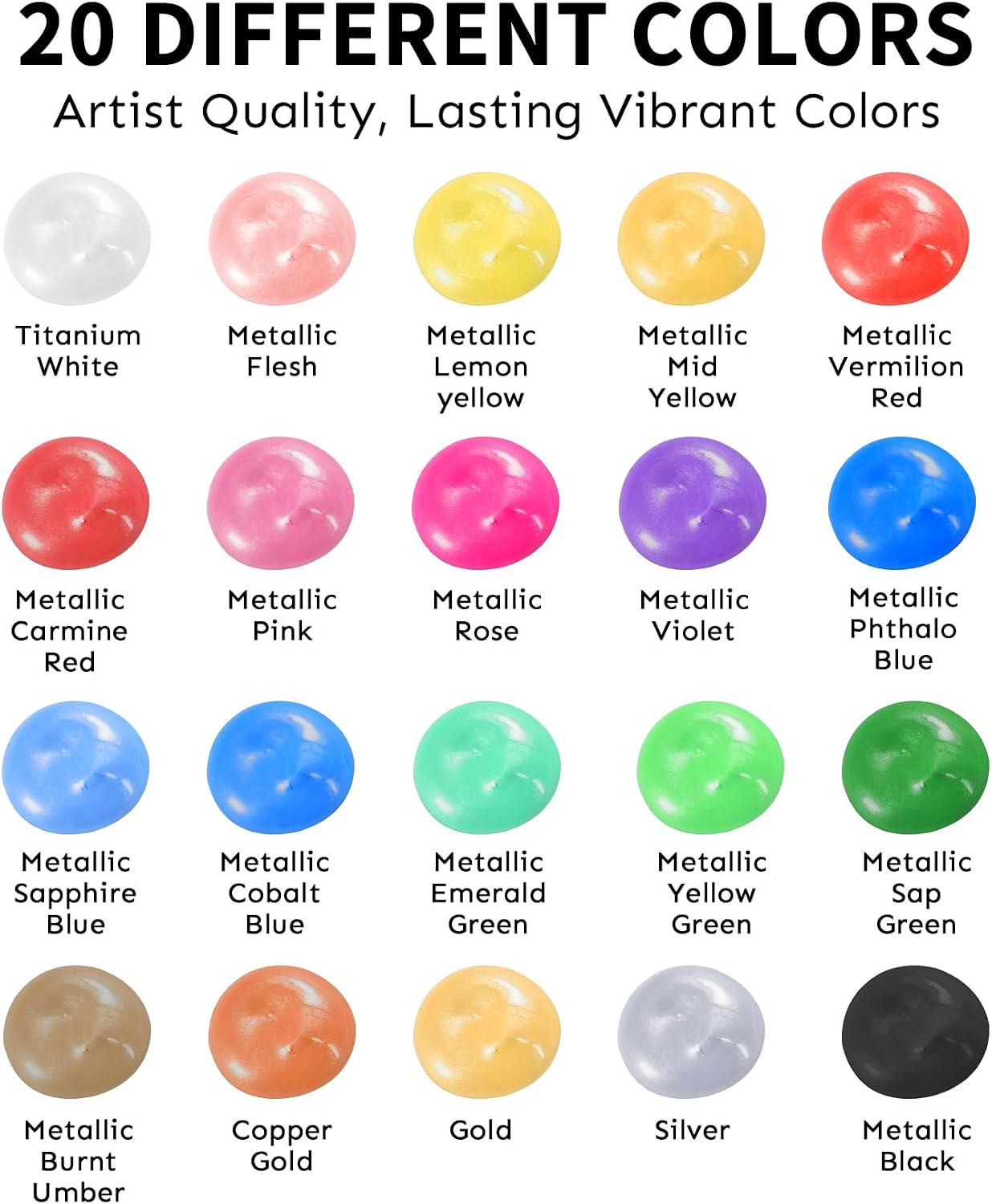 Metallic Acrylic Paint Set with 12 Brushes, Metallic Paint Sets with 20 Colors (60ml, 2oz), Acrylic Paint Set for Artists, Beginners on Rocks, Canvas, Wood, Fabric
