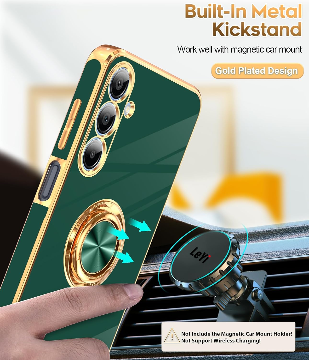 LeYi for Samsung Galaxy A16-5G Case: 2 Pack Tempered Glass Screen Protector and 360° Rotatable Ring Holder Magnetic Kickstand, Plating Rose Gold Edge para A 16 Case, Dark Green