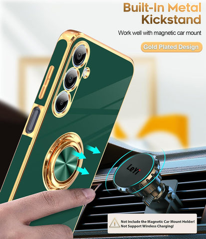 LeYi for Samsung Galaxy A16-5G Case: 2 Pack Tempered Glass Screen Protector and 360° Rotatable Ring Holder Magnetic Kickstand, Plating Rose Gold Edge para A 16 Case, Dark Green