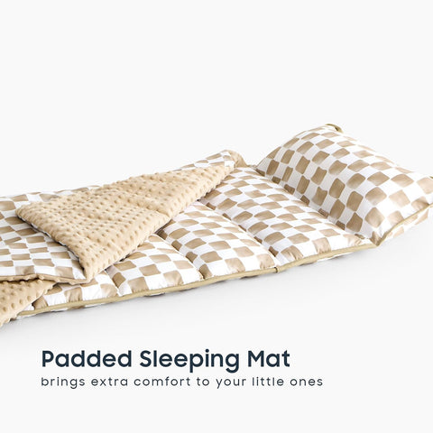 Wake In Cloud - Toddler Nap Mat with Pillow and Minky Fleece Blanket, for Kids Boys Girls Ages 3 Plus in Daycare Preschool, Roll Up Sleeping Bag, Gingham Grid Checkered, Brown White, Standard