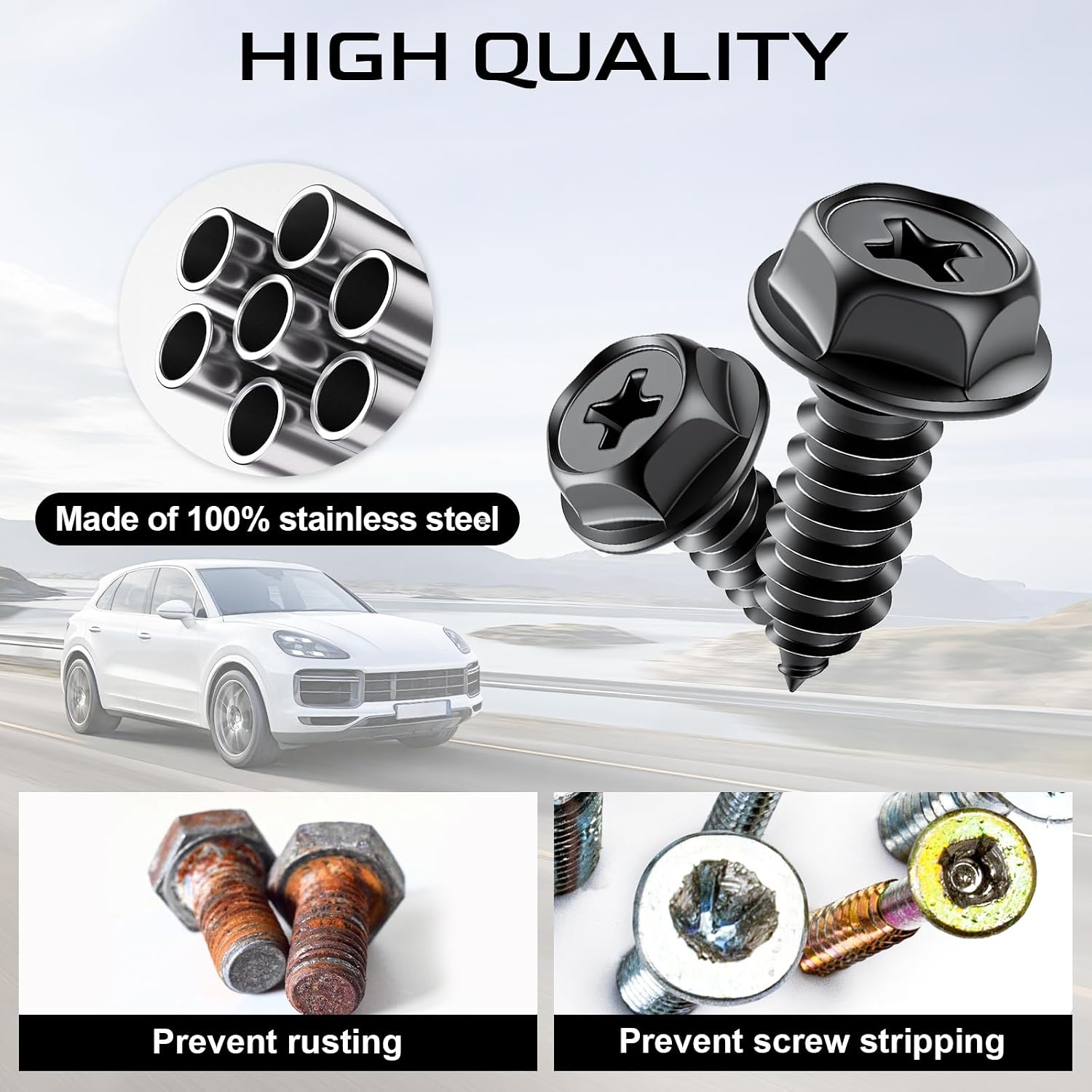 LivTee Rustproof License Plate Screws for Securing License Plates Frames and Covers on Cars and Trucks, 8 Set Premium Stainless Steel Self Tapping Mounting Bolts (Black Zinc Plated)
