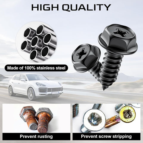 LivTee Rustproof License Plate Screws for Securing License Plates Frames and Covers on Cars and Trucks, 8 Set Premium Stainless Steel Self Tapping Mounting Bolts (Black Zinc Plated)