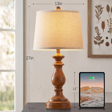 PARTPHONER Traditional Table Lamp Set of 2, Rustic Farmhouse Table Lamps for Living Room Bedroom, 27" Bedside Desk Lamps Vintage Nightstand Lamps with Linen Shades, Wood Grain