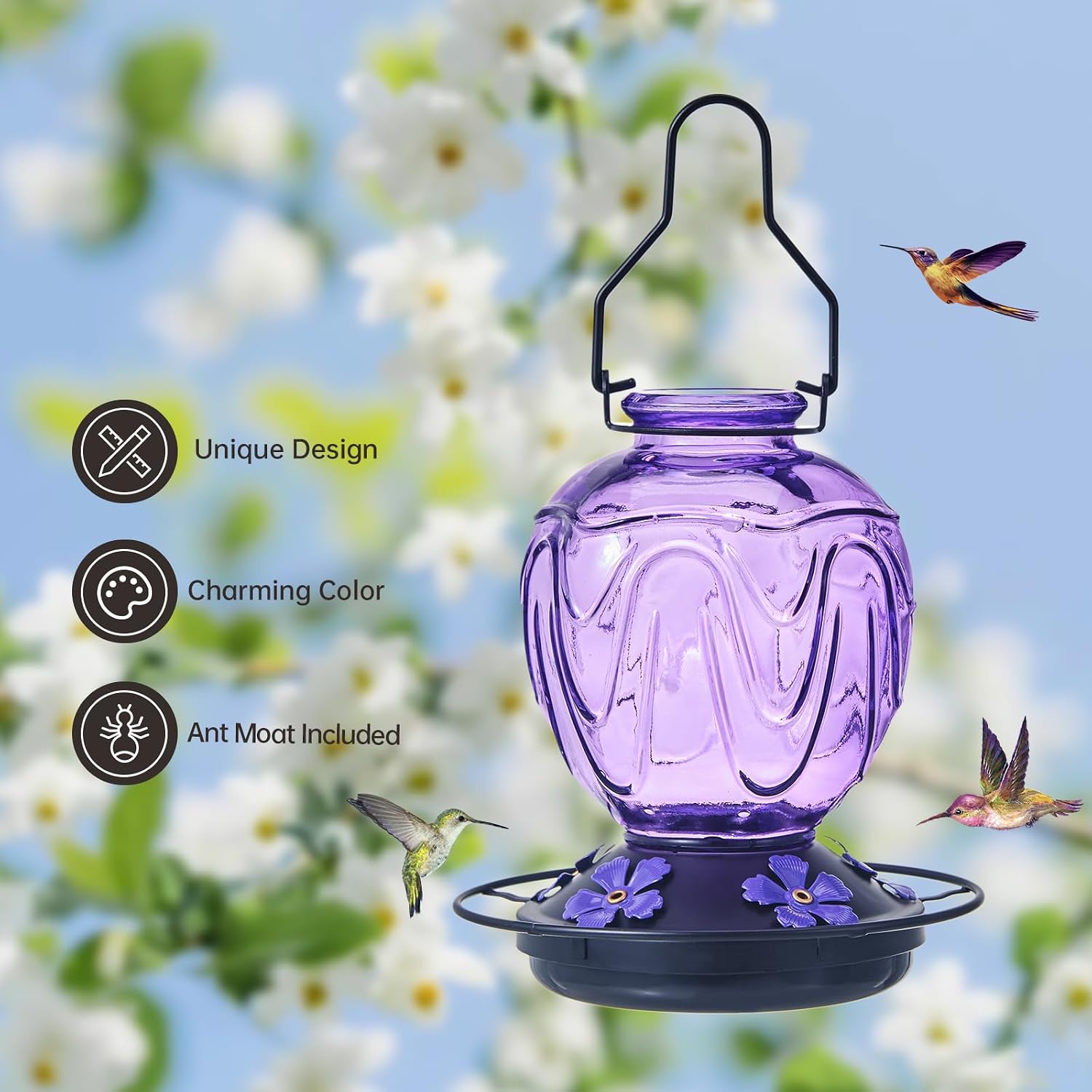 Glass Hummingbird Feeder for Outdoors Hanging,24Ozs Humming Bird Nectar Feeder Perch,5 Flower Feeding Ports, Leak Proof Base and Hook for Outside Garden Backyard Decor, Gifts for Women Mom,Purple