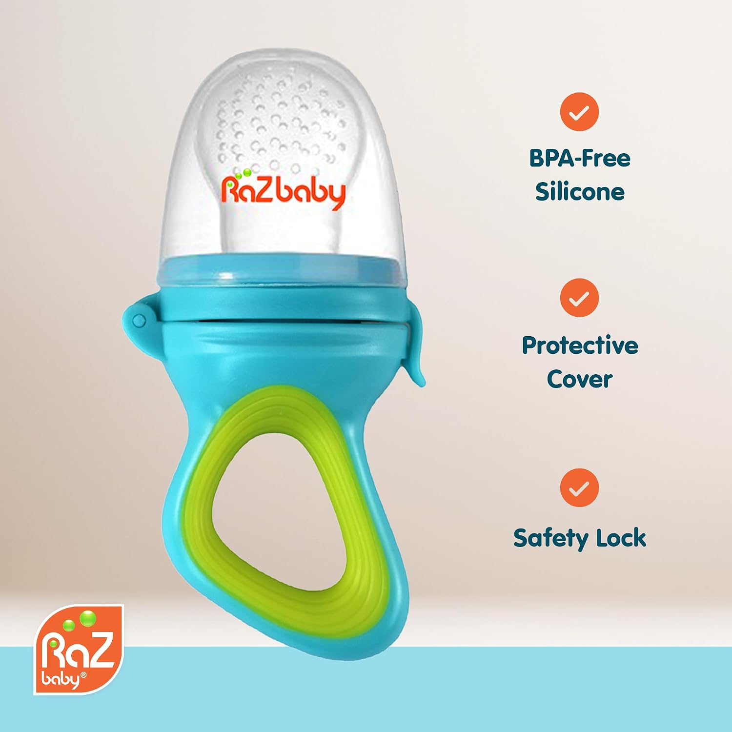 RaZbaby Baby Solids/Frozen Fruit Feeder Pacifier, Infant Teether Toy 6M+, BPA-Free Silicone Pouch & Nipple, Safely Introduce Solids, Natural Teething Relief, Dishwasher Safe, Freezable – Orange/Blue