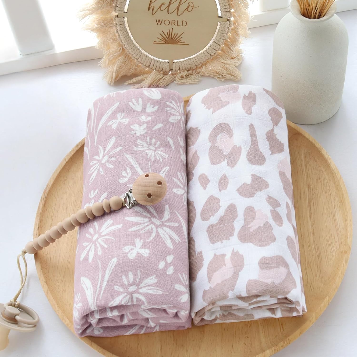 LifeTree Swaddle Blankets Baby Girl, 2-Pack Super Soft 70% Viscose Bamboo and 30% Cotton Muslin Swaddles Blankets (Large 47" x 47"), Mauve Floral & Blush Leopard Pattern, Newborn Baby Registry