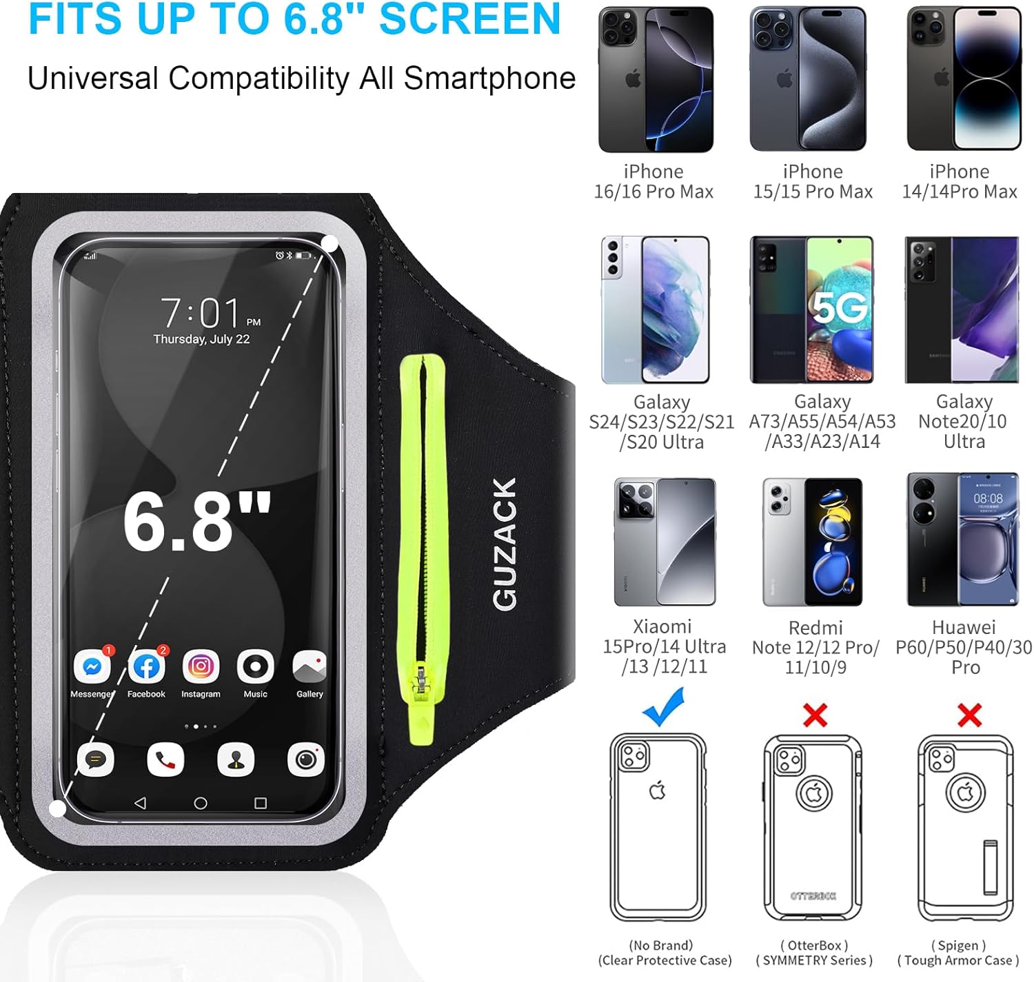 GUZACK Running Armband for iPhone 17 16 15 14 13 Pro Max, Galaxy S25 S24 S23 S22, with Card Slot & Key Pockets, Running Phone Holder, Fit Up to 6.9 Inches Phone - Size L (Bigger Arm 14-17 in)