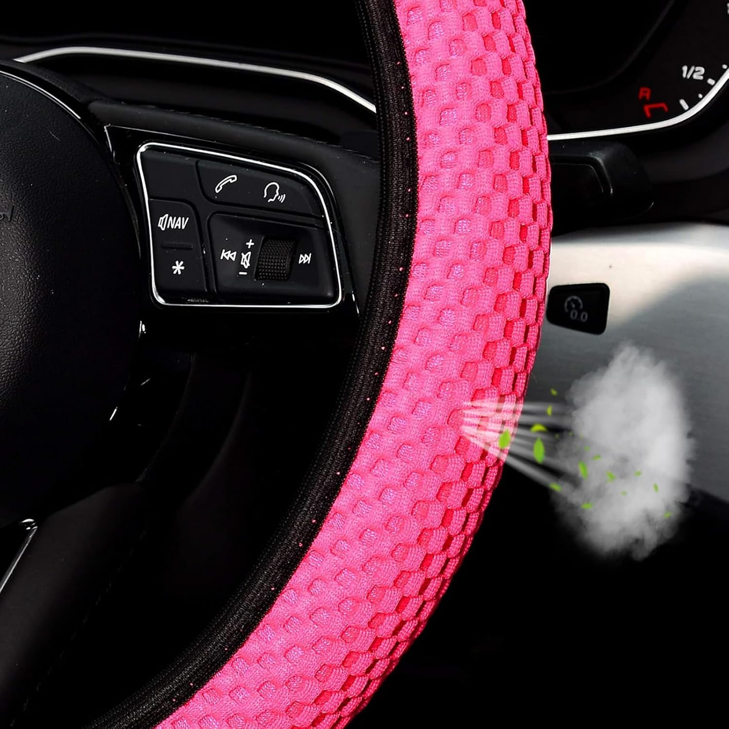 KAFEEK Elastic Stretch Steering Wheel Cover, Universal 15 Inch, Rose Red