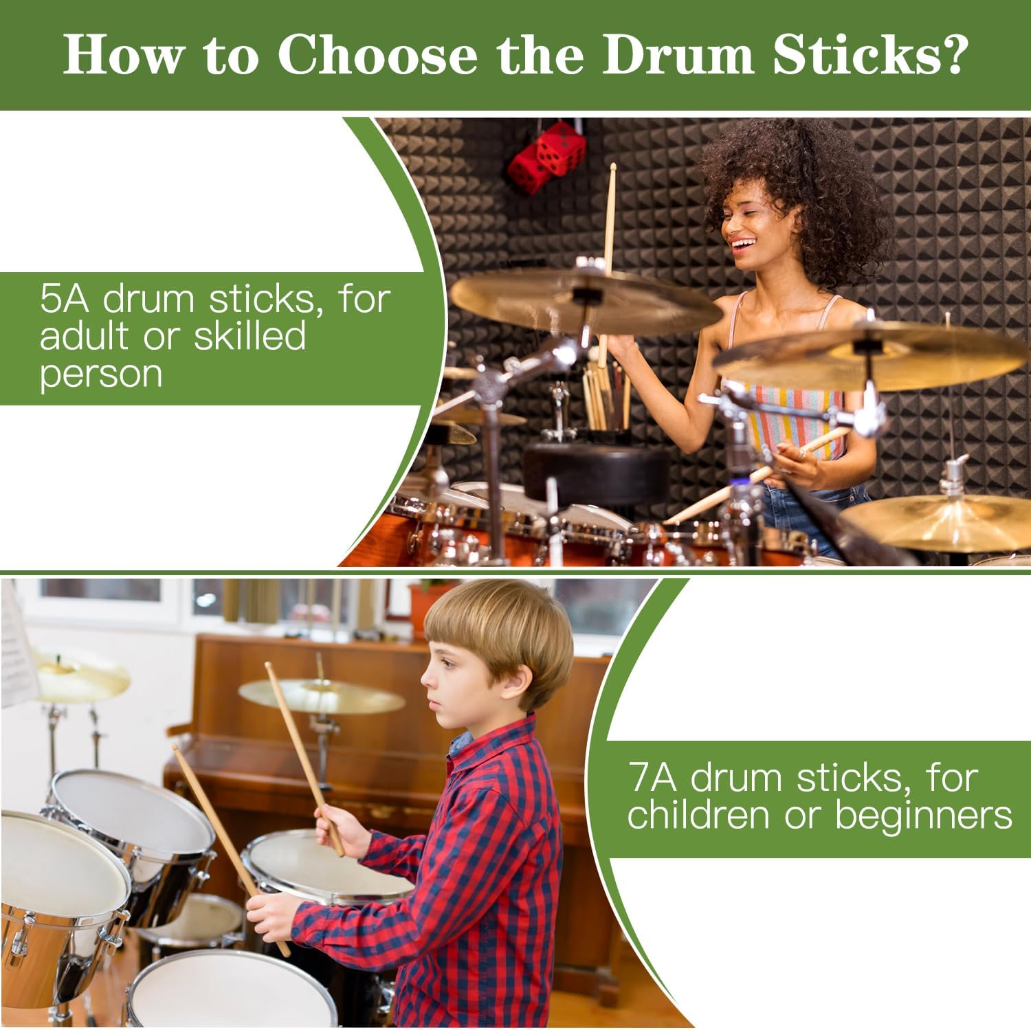 2 Pairs 5A Drum Sticks, Oval Wood Tip Non-slip