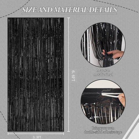 DECOCKRAT 2 Pack Foil Fringe Backdrop - Black Shiny Tinsel Curtains for Party Decoration/Photo Booth Props - 3.3x6.6 FT Metallic Foil Backdrop for Birthday, Wedding, Graduation, Christmas.
