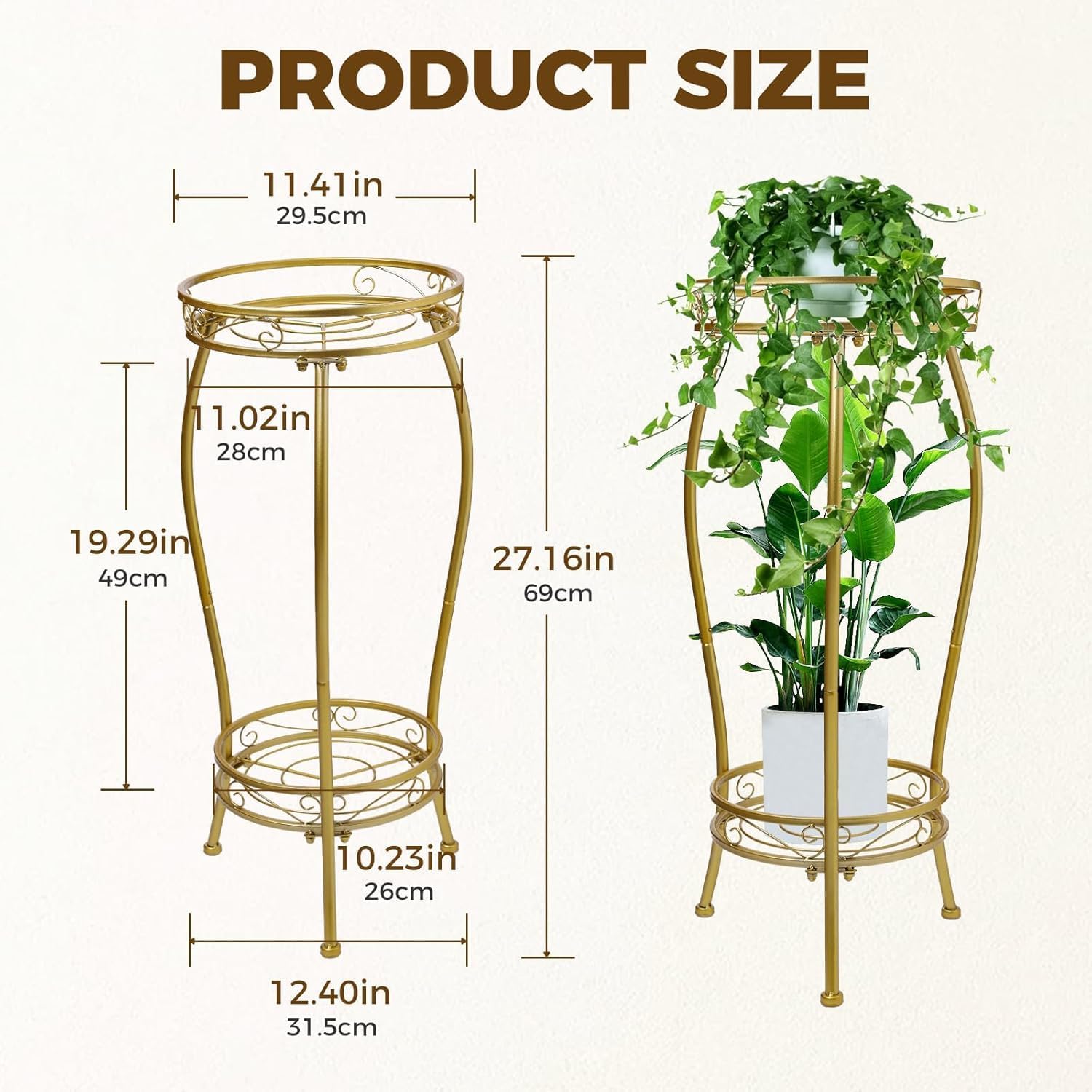 Kavlium Plant Stand Indoor Outdoor, Tall Metal, 2 Tier 27.1 Inch, Gold